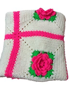 Hand Made Crochet Granny Square 3D Rose Floral Afghan Blanket 64”x38” Pink Green